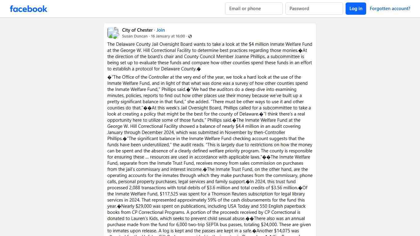 City of Chester The Delaware County Jail Oversight Board wants to take a look at the $4 million Inmate Welfare Fund at the George W Facebook